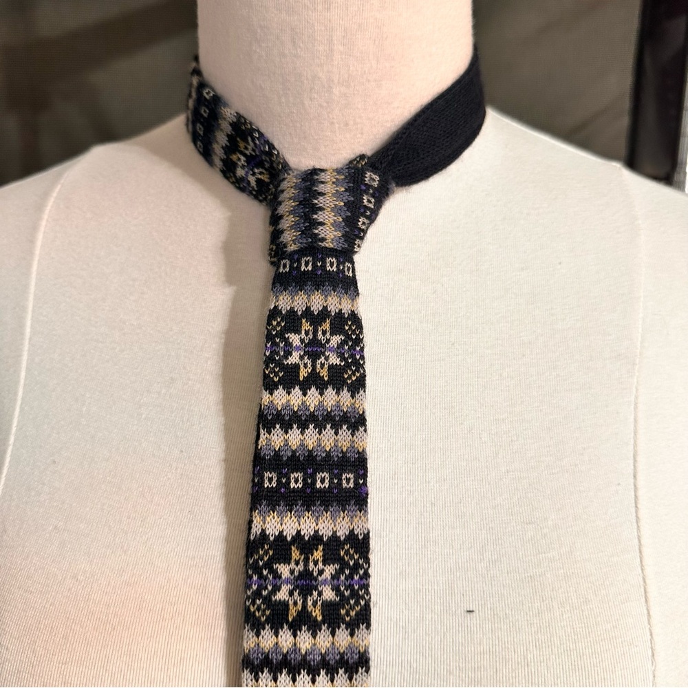 Topman Vintage Wool Men's Tie Skinny Geometric Blue Knitted Multicolor Office